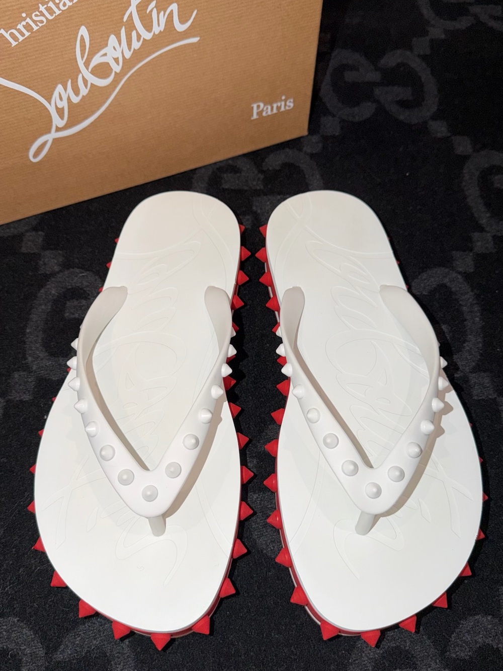 Christian Louboutin White Studded Flip Flop Sandals with Red Spike Soles